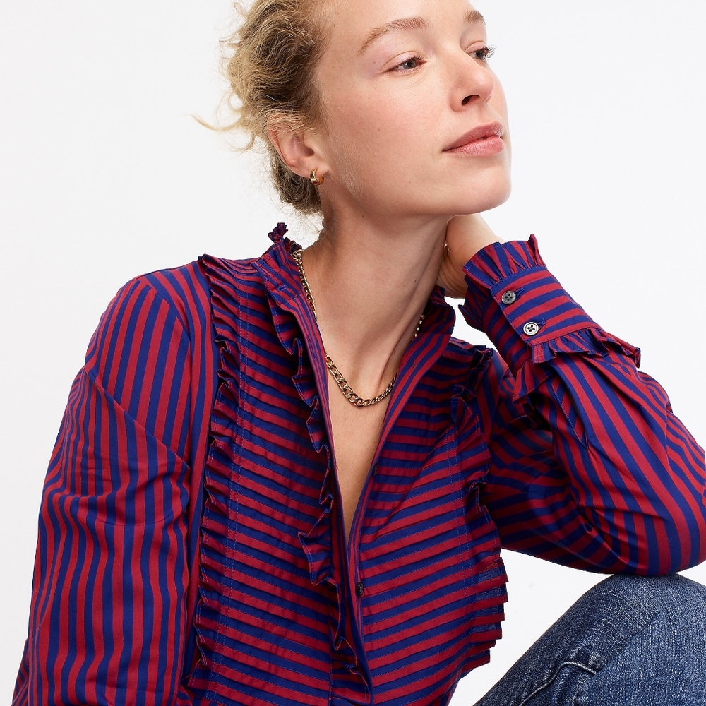 New! J Crew sz XS X-Small Ruffle-trim Tuxedo Shirt Top Stripe NWT